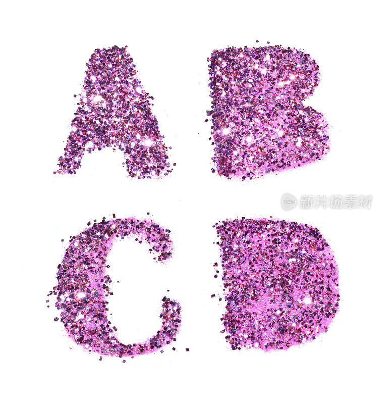 紫色的字母A, B, C, D在白色上闪闪发光
